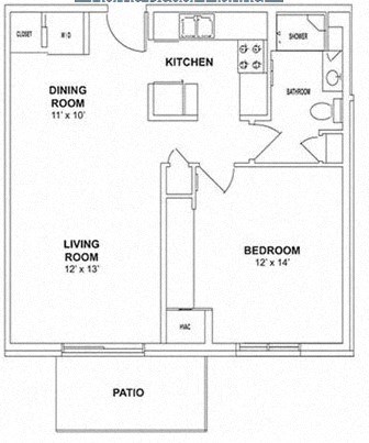 Floor plan for 1 bed, 1 bath, 693 sqft